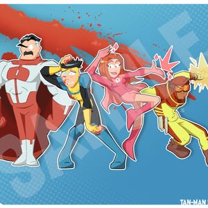 May include: Illustration of four comic book superheroes in action against a blue background with a red splatter effect. The characters are in various poses, with one character emitting a yellow energy blast. The artwork is signed "TAN-MAN STUDIOS".