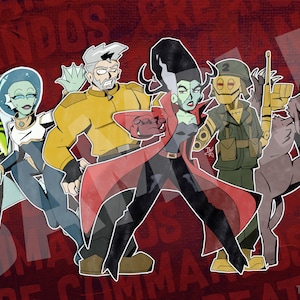 May include: Illustration of a group of stylized cartoon characters, including a skeleton, a sea creature, a man in a yellow uniform, a vampire, a robot, and a werewolf. The background is red with the words "CREATURE COMMANDOS" in white.