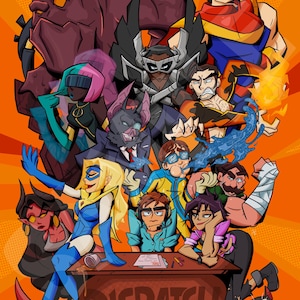 May include: A vibrant illustration featuring a group of diverse cartoon characters, some in superhero attire. The word "DISPATCH" is on a desk. The background is a bright orange with radial lines. A dog is sitting near the desk.