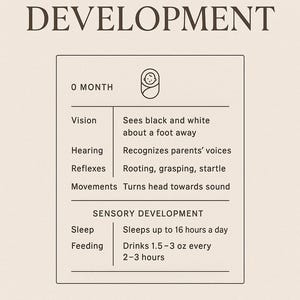 May include: A beige printable chart titled "NEWBORN DEVELOPMENT" with information about a newborn's vision, hearing, reflexes, movements, sleep, and feeding. The chart includes the text "PRINTABLE".