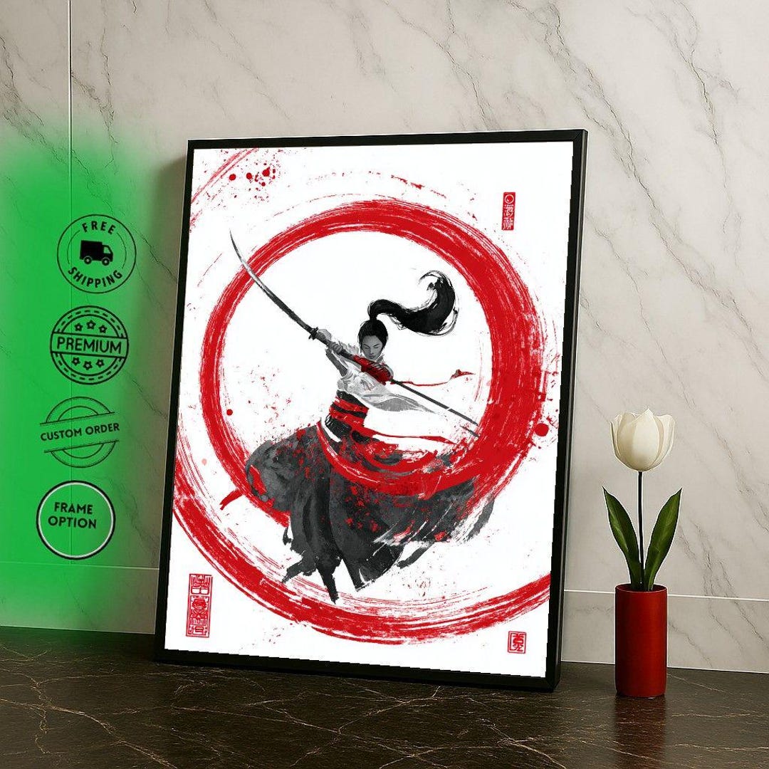 Japanese Samurai Woman Canvas Wall Art, Red Circle Warrior Art Print - Etsy