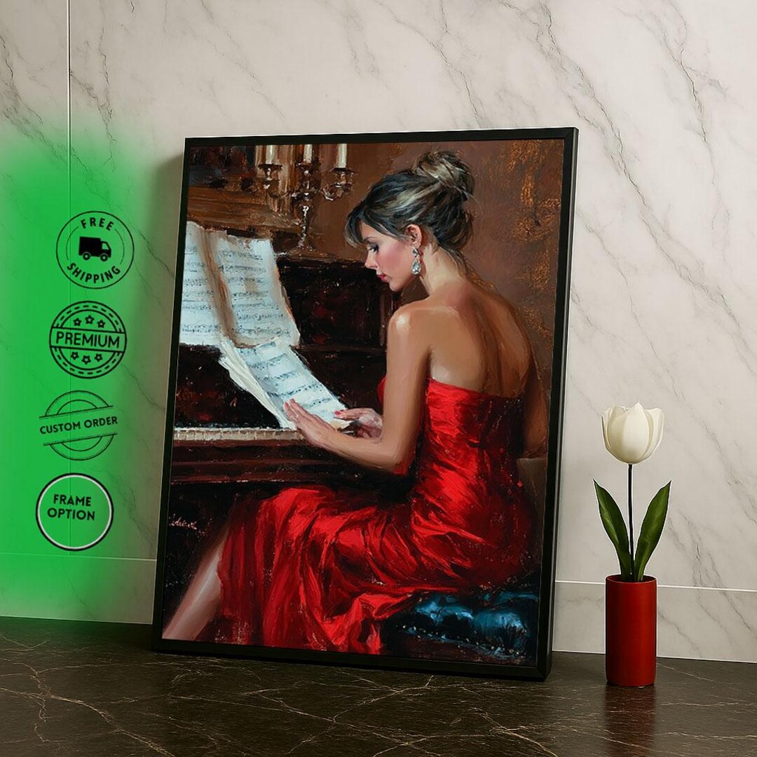 Woman in Red Dress Canvas Print: Elegant Piano Art, Romantic Decor - Etsy