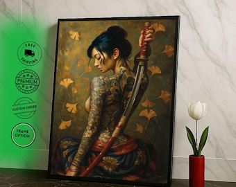 Elegante Samurai Frau Leinwand Wand Kunst Druck Tattooed Krieger Wohnzimmer Dekor Statement Piece