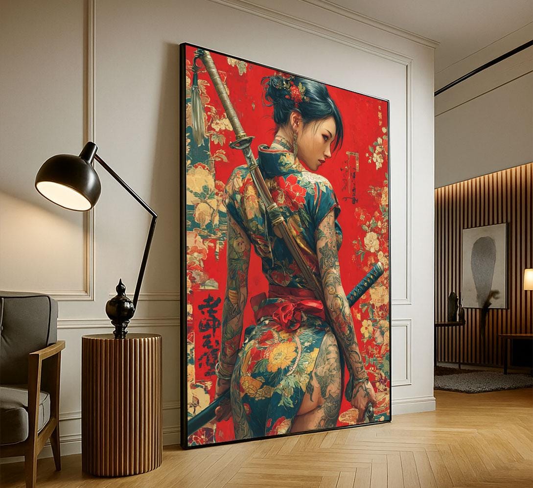 Floral Samurai Woman Canvas Print - Japanese Warrior Art - Etsy