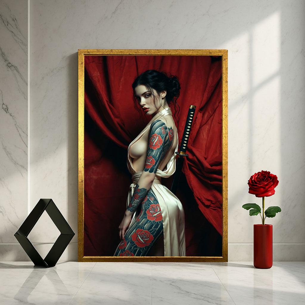 Tattooed Samurai Woman Canvas Wall Art Print Bold Red Bedroom Decor ...