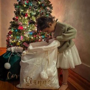 Santa Bag with name, velvet Santa Sack, embroidered, personalized, custom gift bag, luxury, fur, pompoms, Christmas decor, photo prop