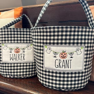 Kids Halloween Basket, Gingham Trick or Treat Bucket, Plaid Halloween Basket, Personalized Candy Bag, Embroidered Halloween Bag