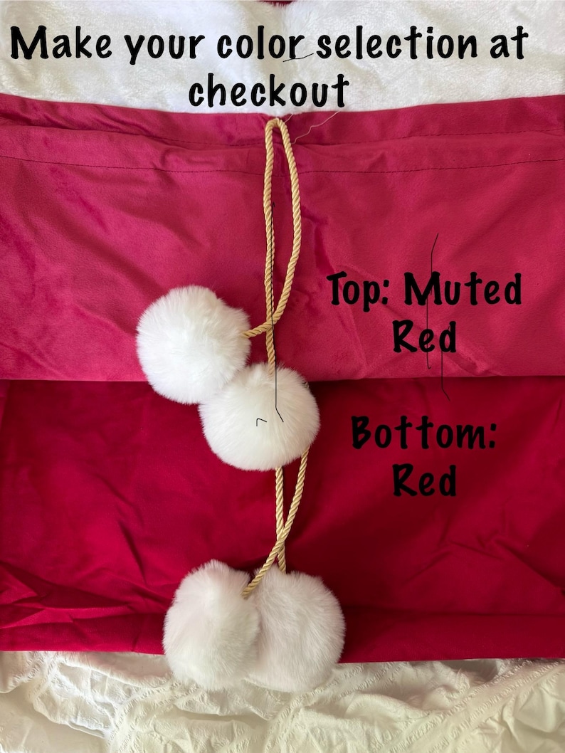 Velvet Santa Bag with name, velvet Santa Sack, embroidered, personalized, custom gift bag, luxury, fur, pompoms, Christmas decor, photo prop zdjęcie 9