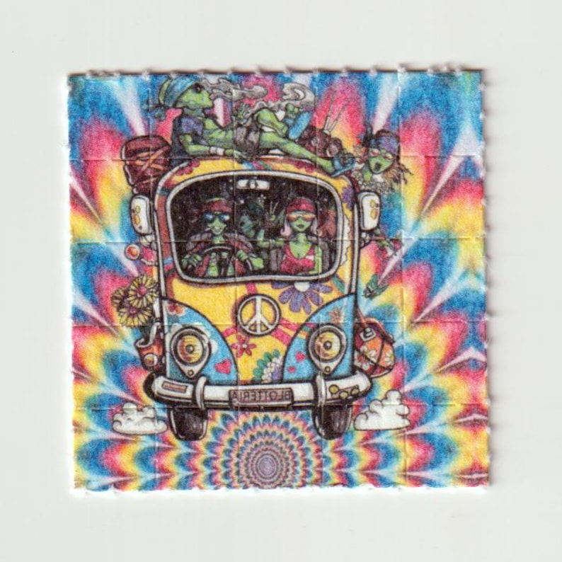 May include: A colorful, psychedelic image featuring a cartoon bus with passengers. The bus is yellow and blue, decorated with flowers and a peace sign. The background is a vibrant tie-dye pattern. The image evokes a sense of the 1960s counterculture.