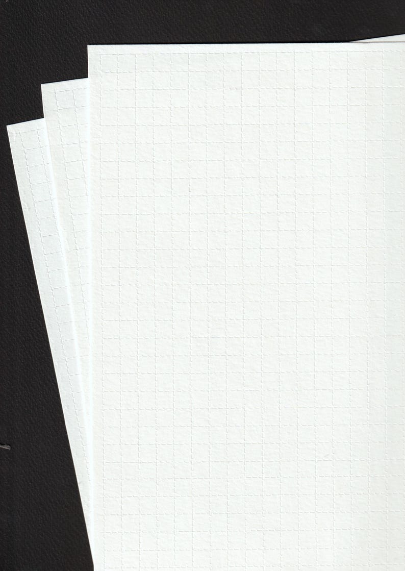 May include: Close-up of three white, grid-lined sheets of paper. The paper has a textured surface and a subtle grid pattern, ideal for writing or drawing. The sheets are stacked against a dark background.