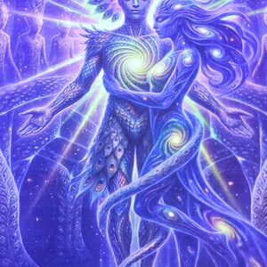 May include: A digital illustration depicts two figures embracing, radiating energy. The figures are rendered in shades of blue and purple, with intricate details suggesting feathers and cosmic patterns. The artwork evokes themes of spirituality and connection.