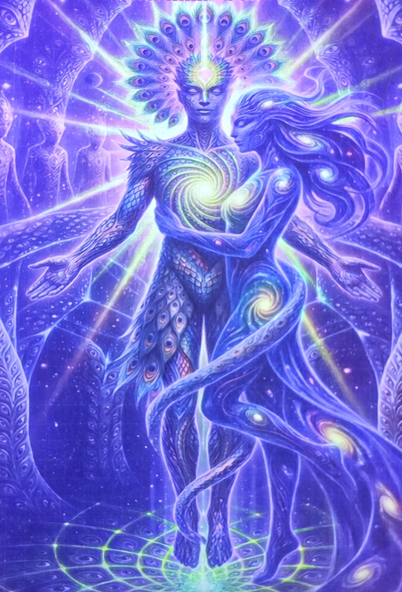 May include: A digital illustration depicts two figures embracing, radiating energy. The figures are rendered in shades of blue and purple, with intricate details suggesting feathers and cosmic patterns. The artwork evokes themes of spirituality and connection.