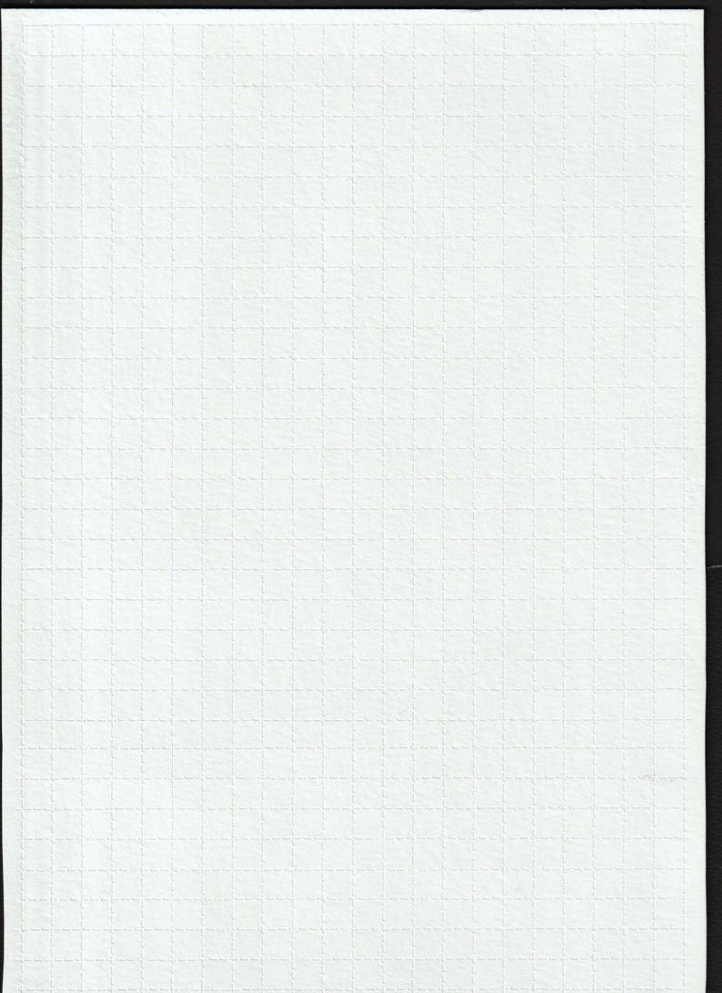 May include: A white, textured paper with a grid pattern. The paper has a subtle, embossed texture, and the grid is formed by small, evenly spaced squares. The edges of the paper are clean and straight, with a black border.
