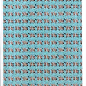 May include: A sheet of paper with a repeating pattern of brown and black cat illustrations on a light blue background. The cats are depicted in a running pose, creating a playful and whimsical design.