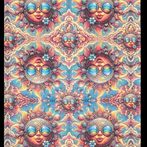 May include: A vibrant, repeating pattern featuring smiling suns with rainbow-tinted sunglasses, set against a blue sky background. The suns are surrounded by clouds, flowers, and peace symbols, creating a psychedelic, colorful design.