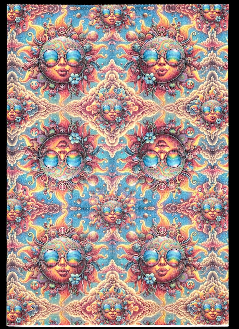 May include: A vibrant, repeating pattern featuring smiling suns with rainbow-tinted sunglasses, set against a blue sky background. The suns are surrounded by clouds, flowers, and peace symbols, creating a psychedelic, colorful design.