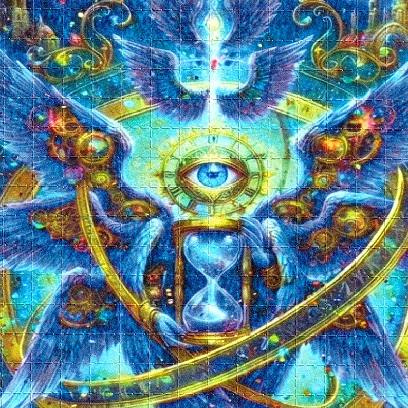 May include: A vibrant, detailed illustration featuring a central eye within a clock face, surrounded by angel wings and an hourglass. The artwork uses a palette of blues, golds, and greens, creating a mystical and celestial theme.