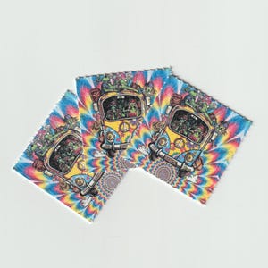 May include: Three colorful squares with a psychedelic design featuring a yellow van with a peace sign on the front. The van is filled with cartoon characters and set against a swirling rainbow background.