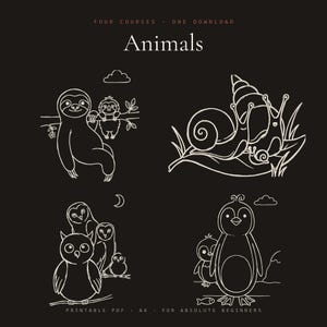 Cómo dibujar animales / 4 cursos de dibujo fáciles para niños / Perezoso, caracol, búho, pingüino / Hojas de práctica de dibujo imprimibles en PDF