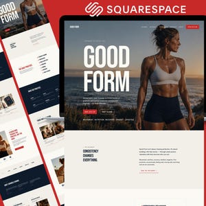 Puede incluir: Una visualización digital de una plantilla de sitio web de Squarespace titulada Good Form, que presenta una gran imagen principal de una persona con ropa deportiva junto al océano, con superposiciones de texto blanco, menús y secciones de nutrición.