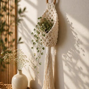 Könnte beinhalten: Ein cremefarbener Makramee-Pflanzenaufhänger mit Holzring und Quaste, der eine kleine grüne Pflanze hält. Der Hängepflanzer ist an einer hellen Wand befestigt, mit einer Vase und einem Korb im Vordergrund.