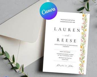 Elegant Wedding Invitation Template/Card | Luxury Floral Canva Invite | Minimal Modern Wedding Invitation | Printable & Digital Download