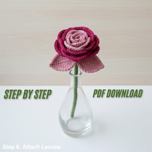 May include: A handcrafted crochet rose in pink and burgundy, with green stem and leaves, presented in a clear glass vase. The image includes the text "STEP BY STEP" and "PDF DOWNLOAD".