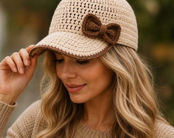 Crochet Baseball Cap Pattern PDF with Bow, Beginner Crochet Hat Pattern, Summer Cap Tutorial, Instant Digital Download