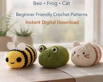 No-Sew Amigurumi Crochet Pattern Bundle, Bee, Frog, Cat (PDF Digital Download)
