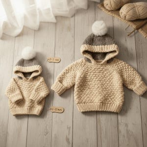 Op de afbeelding: Twee gebreide babyhoodies in crème en grijs, elk met een capuchon en een witte pompon. Eén is gemarkeerd met "0-3 maanden" en de andere met "6-12 maanden". De hoodies liggen op een licht houten oppervlak.