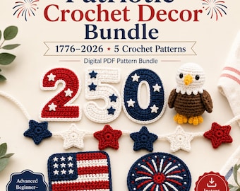 Paquete de patrones de decoración patriótica a crochet en formato PDF: amigurumi de águila y guirnalda de estrellas (descarga digital).