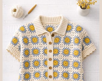 Patrón de camisa de crochet Sunburst Grandma Square, blusa bohemia vintage con botones (PDF)