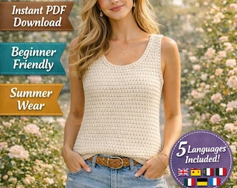 Crochet Tank Top, Easy Sleeveless Summer Top Pattern, Women XS-XL (PDF Pattern)