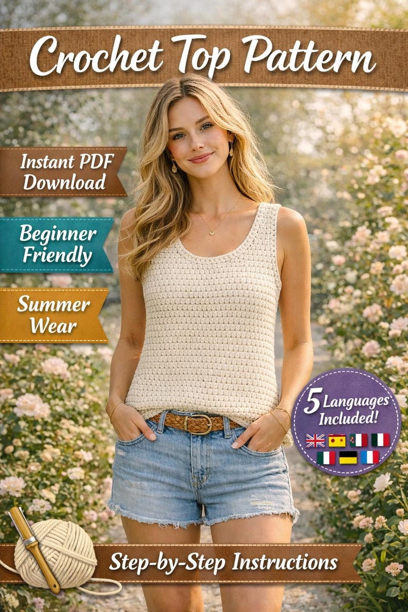 Puede incluir: Una mujer con un top de ganchillo color crema y pantalones cortos de mezclilla. La imagen incluye texto: "Crochet Top Pattern", "Descarga instant&aacute;nea de PDF", "Apto para principiantes", "Ropa de verano", "Instrucciones paso a paso" y "&iexcl;5 idiomas incluidos!"