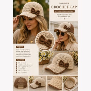 May include: A beige and brown crochet cap featuring a small brown bow detail on the side of the brim. The cap is constructed from textured yarn with a structured visor and an adjustable strap at the back. The design includes a solid crown.