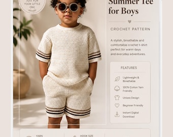 Crochet Boy Outfit Pattern PDF, Toddler Summer Tee and Shorts Set, Baby Boy Crochet Clothes, Kids T-Shirt Pattern