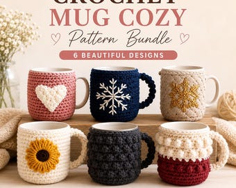 Crochet Mug Cozy Pattern Bundle, 6 Designs, Beginner Friendly (PDF Download)