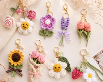 Crochet Flower Keychain Pattern Bundle, Daisy Tulip Rose Lavender Sunflower (PDF Pattern)