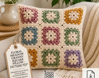 Floral Granny Square Pillow Crochet Pattern (PDF), Boho Textured Cushion, Beginner Friendly