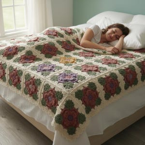 May include: A cream-coloured, crocheted blanket with a floral pattern in shades of red, purple, and yellow. The blanket is on a bed with white sheets and pillows. The floral squares are framed by green leaves.