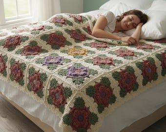 Floral Quilt Crochet Pattern, 3D Flower Granny Square Afghan (Digital Download)