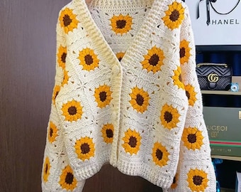 Cropped Boho Sunflower Granny Square Crochet Cardigan Pattern (PDF)