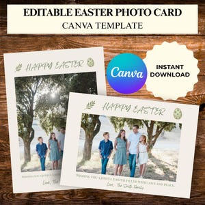 Plantilla editable para tarjeta fotográfica familiar de Pascua / Felicitaciones navideñas de primavera en Canva (Descarga digital)