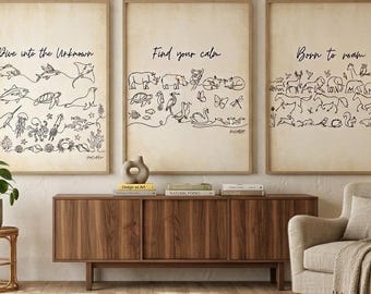 Set med 3 konsttryck med djurmotiv. Minimalistisk väggdekor med vilda djur, modern kontinuerlig linjeteckning, abstrakt naturposters, heminredning.