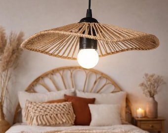 Boho vävd pendellampskärm handgjord pappersrep hängande lampskärm rottingstil bohemisk taklampa naturlig heminredning belysning