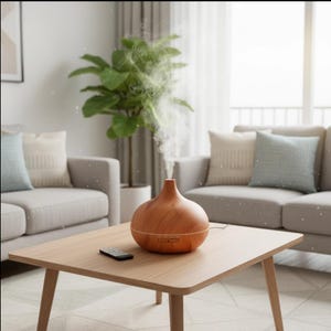 May include: A wooden essential oil diffuser with a light brown finish sits on a wooden coffee table. The diffuser is emitting a stream of vapor. A remote control is on the table. The background includes a sofa, pillows, and a potted plant.
