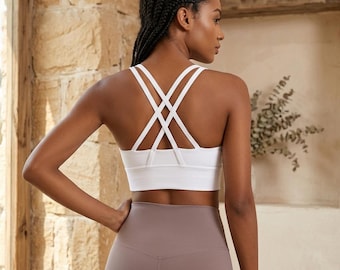 Reggiseno sportivo da yoga con spalline incrociate sulla schiena / Top corto da palestra in nylon ad alto impatto / Bralette imbottita per il fitness