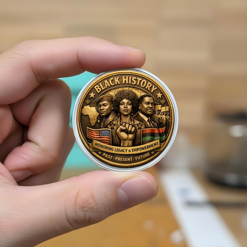 May include: A round, gold-colored coin with the words "Black History" at the top. The coin features images of three people, flags, and the text "Honoring Legacy & Empowerment" and "Past, Present, Future".