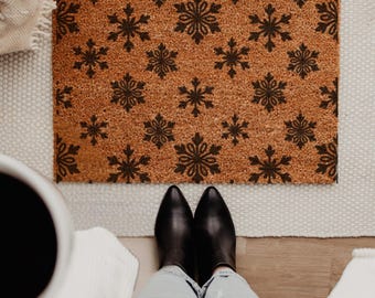 Snowflake Coir Doormat, Winter Welcome Mat, Neutral Entry Rug