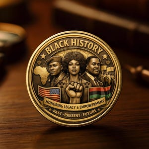 Black History commemorative coin with vintage antique gold design and detailed African American heritage artwork